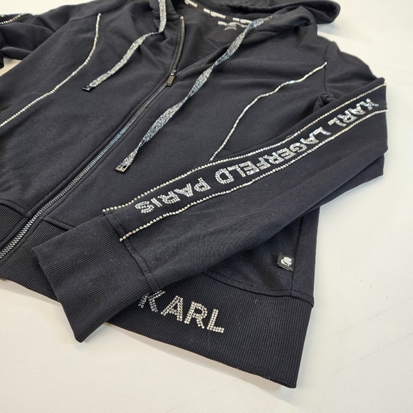 Karl Lagerfeld Black Hoodie Full Zip Spellout Tape With Sparkles Womens Small - Picture 2 of 8